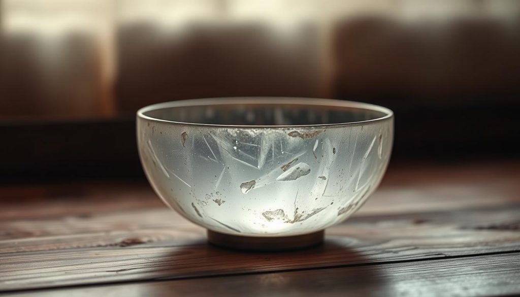 A crystal Tibetan singing bowl resting on a wooden surface, casting a soft, hazy glow. The bowl's surface appears textured, with subtle imperfections and a tarnished, aged appearance, hinting at its history and usage. The background is blurred, creating a sense of focus on the bowl and its potential adverse effects. Muted, earthy tones predominate, evoking a meditative, introspective mood. The lighting is indirect, creating shadows and highlights that accentuate the bowl's shape and form. An overall sense of caution and thoughtfulness pervades the scene.