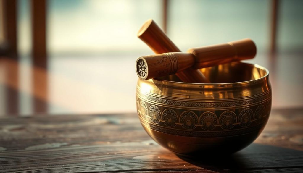A serene Tibetan singing bowl resting on a wooden surface, bathed in soft, warm lighting. The bowl's polished bronze exterior gleams, its concentric circles and delicate engraved patterns catching the light. A gentle mallet hovers just above the rim, ready to be struck, its wooden handle carved with intricate designs. The background is a tranquil, out-of-focus scene, suggesting a peaceful, meditative environment. The overall mood is one of calm, harmony, and the soothing, resonant tones of the singing bowl.