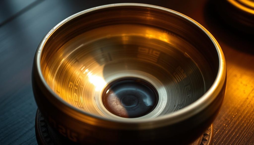 Detailed close-up of an authentic Tibetan singing bowl, resting on a dark wooden surface. The bowl has a polished, bronze-like exterior with intricate traditional engravings. Subtle warm lighting illuminates the bowl, casting gentle highlights and shadows that accentuate its elegant curves and textures. The center of the bowl is slightly open, inviting the viewer to imagine the resonant tones that can be produced by gently striking the rim. The background is softly blurred, keeping the focus on the captivating centerpiece and its timeless craftsmanship.
