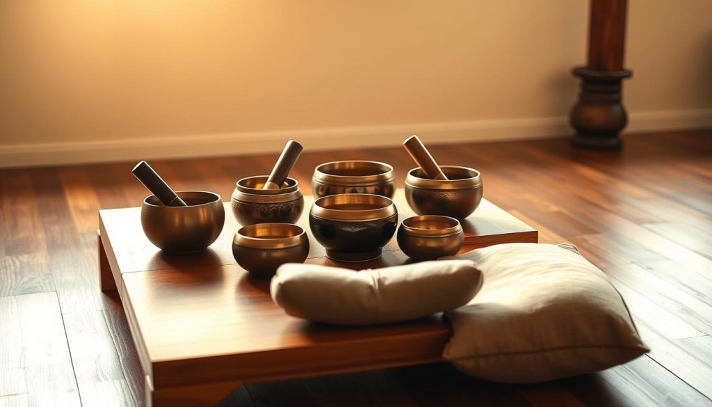 A serene meditation room with a wooden table at the center, adorned with an assortment of Tibetan singing bowls in various sizes and tones. Soft, warm lighting casts a gentle glow, creating an inviting and contemplative atmosphere. The bowls are placed in a thoughtful arrangement, reflecting the harmony and balance of the space. A plush meditation cushion sits nearby, inviting the practitioner to settle in and immerse themselves in the resonant hum of the bowls. The background is a tranquil, minimalist space, allowing the focal point of the singing bowls to shine. The overall scene evokes a sense of inner peace, mindfulness, and the ancient traditions of Tibetan wellness practices.