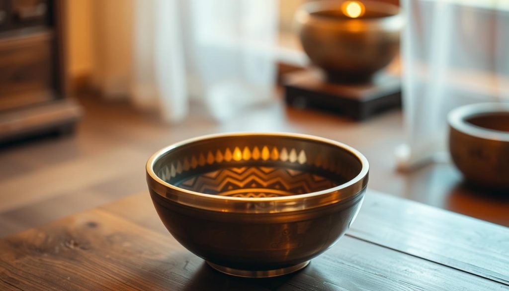 A high-quality Tibetan singing bowl, gently resting on a simple wooden table, its lustrous bronze surface reflecting warm, soft lighting. The bowl's interior is visible, showcasing its intricate, concentric patterns that produce rich, resonant tones when struck or rubbed. The bowl's rim vibrates, creating a mesmerizing, sustained hum that fills the serene, meditative space. The background is hazy and blurred, allowing the viewer to focus solely on the captivating visual and aural experience of the singing bowl.