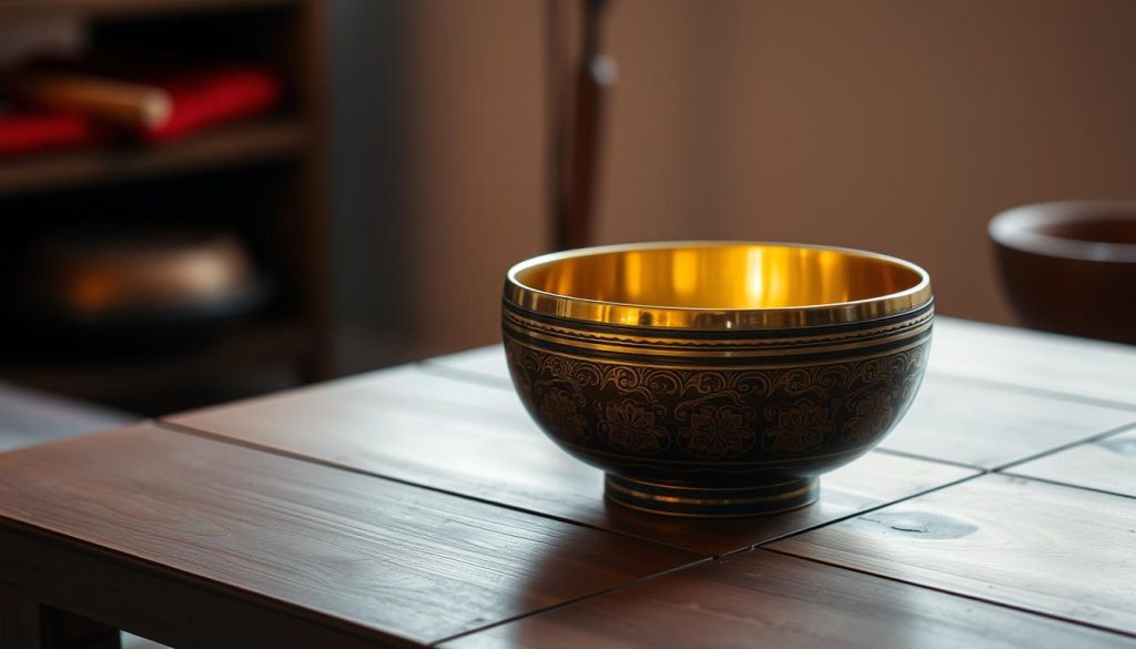 A detailed Tibetan singing bowl resting on a wooden table, illuminated by warm, soft lighting. The bowl's ornate exterior features intricate Buddhist-inspired engravings and a glossy bronze finish, reflecting the light and creating a mesmerizing glow. The table is situated in a tranquil, minimalist setting, with subtle hints of Tibetan textiles or natural elements in the background, conveying a sense of cultural authenticity and meditative atmosphere. The image captures the craftsmanship, history, and spiritual significance of the Tibetan singing bowl.