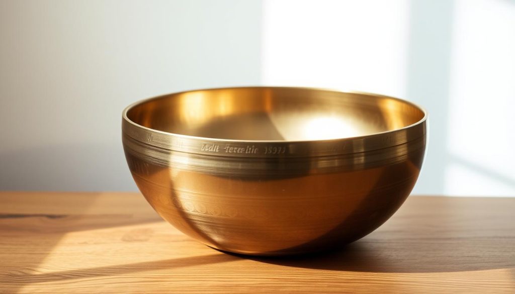 A finely crafted Tibetan singing bowl, its surface gleaming with a metallic sheen, rests on a simple wooden surface. The bowl's diameter fills the frame, its depth and weight evident in the slight curve of its sides. Soft, diffused lighting casts gentle shadows, highlighting the intricate hammered texture that radiates outward from the bowl's center. The tranquil setting evokes a sense of contemplation and the soothing resonance of the bowl's vibrant tone. The image captures the essential qualities of this traditional instrument - its size, heft, and the craftsmanship that gives it the power to produce captivating sonic experiences.