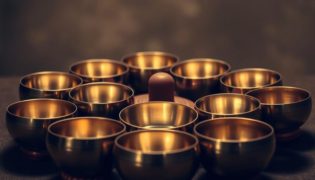 A serene gathering of Tibetan singing bowls, their bronze surfaces gleaming under soft, diffused lighting. The bowls are arranged in a harmonious circular pattern, each one emitting a distinct vibrational frequency that blends into a soothing, resonant symphony. The background is a muted, earthy tone, allowing the bowls to take center stage and their sonic properties to be the focus. The image conveys a sense of tranquility, healing, and the profound connection between the physical world and the realm of vibration and energy. A serene gathering of Tibetan singing bowls, their bronze surfaces gleaming under soft, diffused lighting. The bowls are arranged in a harmonious circular pattern, each one emitting a distinct vibrational frequency that blends into a soothing, resonant symphony. The background is a muted, earthy tone, allowing the bowls to take center stage and their sonic properties to be the focus. The image conveys a sense of tranquility, healing, and the profound connection between the physical world and the realm of vibration and energy.
