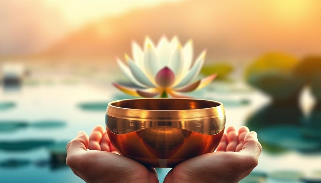 A serene, vibrant scene depicting the benefits of Tibetan singing bowl meditation. In the foreground, a pair of cupped palms cradle a gleaming bronze bowl, its rich overtones resonating through the tranquil space. The middle ground features a lotus flower in full bloom, its petals unfurling in a symbolic representation of inner peace and spiritual awakening. The background is a softly blurred, ethereal landscape, hinting at the transcendent qualities of the practice. Warm, diffused lighting casts a gentle glow, creating an atmosphere of calm contemplation. The overall composition conveys a sense of balance, harmony, and the profound personal benefits derived from this ancient sound healing technique.