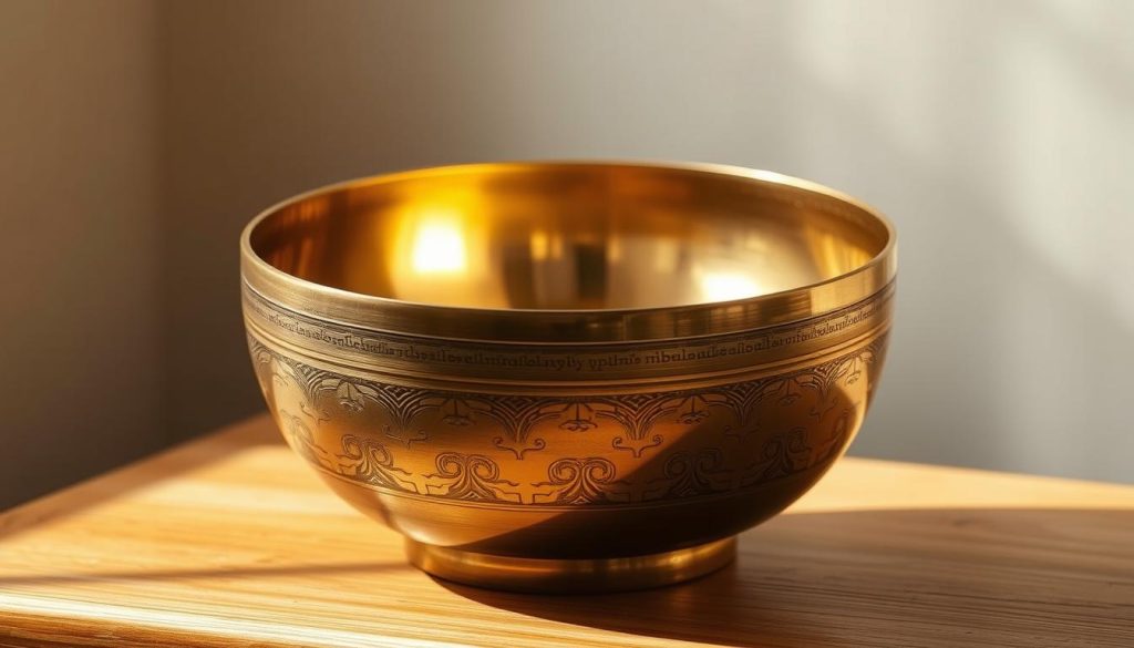 A finely crafted Tibetan singing bowl rests on a wooden surface, its polished brass body gleaming under warm, directional lighting. The bowl's exterior is adorned with intricate engravings, each detail meticulously etched, hinting at its rich cultural heritage. The bowl's interior reflects the light, creating a mesmerizing play of shadows and highlights that draw the viewer's eye inward. The surrounding environment is minimalist, allowing the bowl to be the focal point, emphasizing its authentic craftsmanship and timeless beauty. The overall mood is serene, inviting the viewer to experience the tranquility and spiritual significance of this traditional Tibetan artifact.