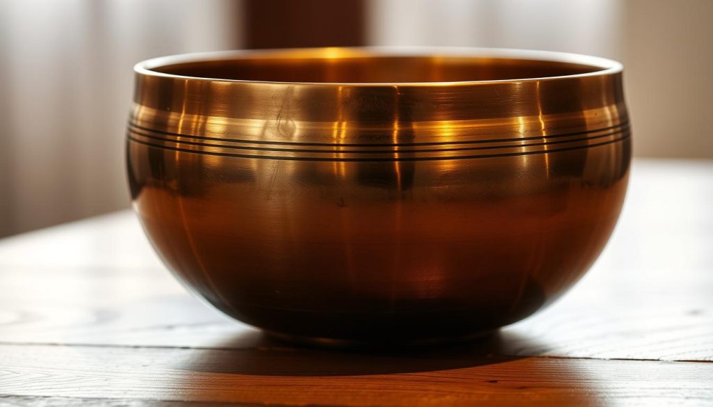 A high-quality Tibetan singing bowl, resting on a wooden surface, illuminated by soft, diffused lighting. The bowl's intricate, hammered copper surface reflects the light, creating a warm, inviting atmosphere. The bowl's rim is slightly elevated, showcasing its elegant silhouette and the potential for a rich, resonant tone. The background is blurred, allowing the bowl to be the focal point, emphasizing its importance as a tool for meditation and relaxation. The overall composition conveys a sense of tranquility and authenticity, capturing the essence of the Tibetan singing bowl experience.