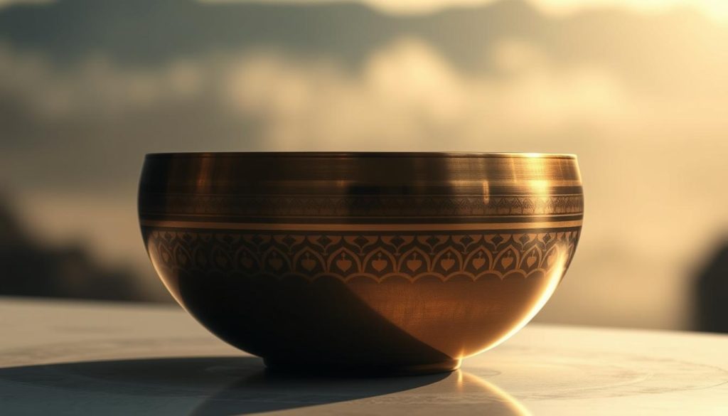 A serene Tibetan singing bowl resting on a tranquil surface, illuminated by soft, diffused natural light. The bowl's surface reflects a mesmerizing pattern, its gentle vibrations emanating a sense of calm. In the background, a hazy, dreamlike landscape with muted tones evokes a meditative atmosphere. The overall composition conveys the potential healing and relaxation benefits of the Tibetan singing bowl, offering a respite from the discomfort of migraines. A serene Tibetan singing bowl resting on a tranquil surface, illuminated by soft, diffused natural light. The bowl's surface reflects a mesmerizing pattern, its gentle vibrations emanating a sense of calm. In the background, a hazy, dreamlike landscape with muted tones evokes a meditative atmosphere. The overall composition conveys the potential healing and relaxation benefits of the Tibetan singing bowl, offering a respite from the discomfort of migraines.