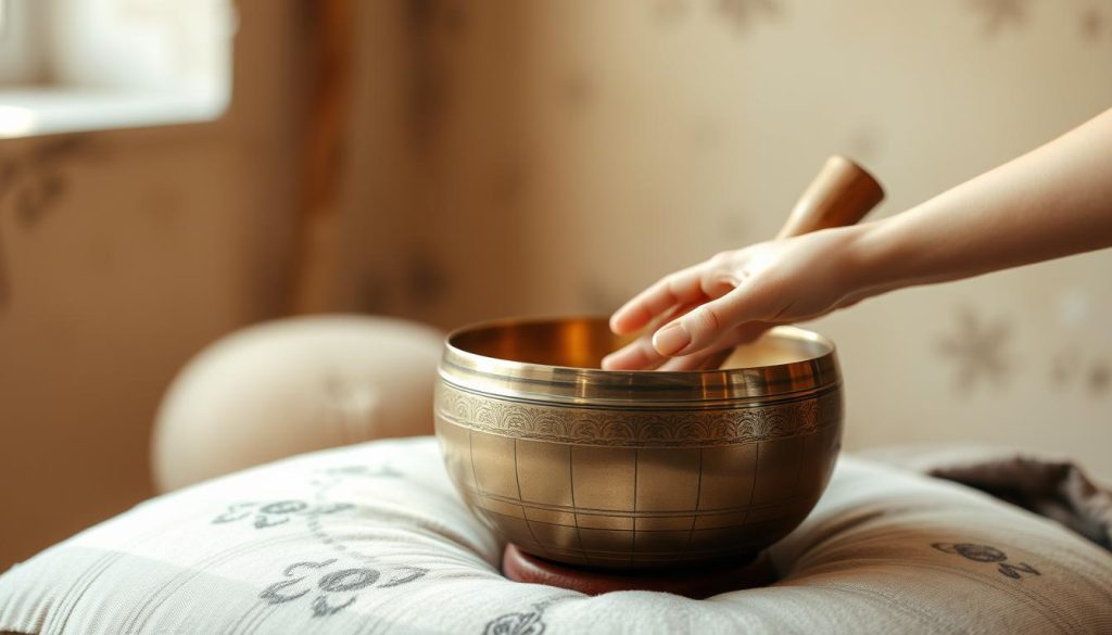 A serene Tibetan singing bowl rests on a soft, plush cushion against a muted, earthy backdrop. The bowl's intricate metal detailing reflects the gentle glow of warm, natural lighting, creating a calming, meditative atmosphere. In the foreground, a delicate hand hovers over the bowl, ready to gently strike it, producing a soothing, resonant tone. The scene evokes a sense of balance, harmony, and mindfulness - essential elements for a pregnant woman's daily self-care routine. A serene Tibetan singing bowl rests on a soft, plush cushion against a muted, earthy backdrop. The bowl's intricate metal detailing reflects the gentle glow of warm, natural lighting, creating a calming, meditative atmosphere. In the foreground, a delicate hand hovers over the bowl, ready to gently strike it, producing a soothing, resonant tone. The scene evokes a sense of balance, harmony, and mindfulness - essential elements for a pregnant woman's daily self-care routine.