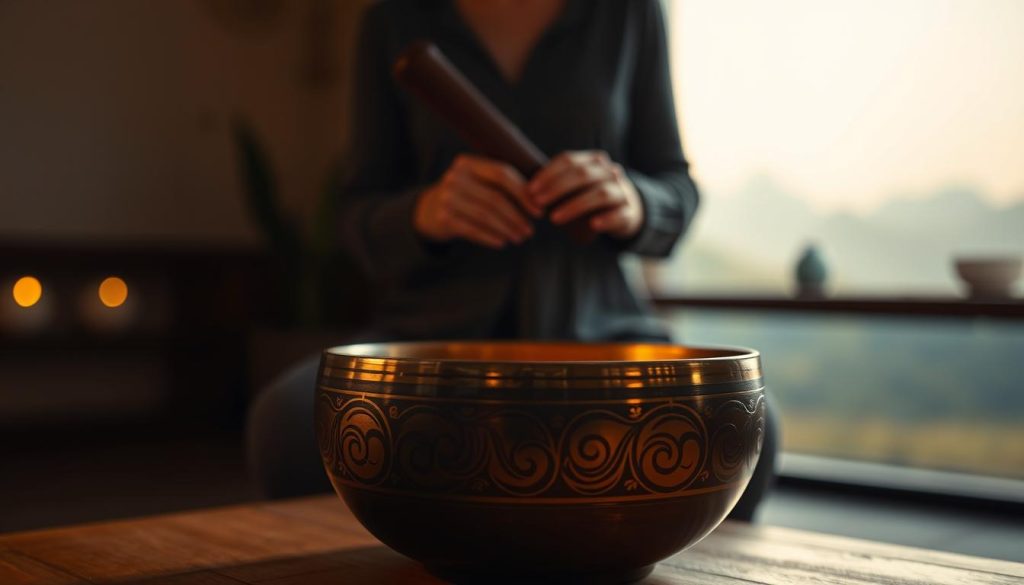 A serene, dimly lit room with soft, ambient lighting. In the foreground, a Tibetan singing bowl rests on a wooden surface, its smooth, polished exterior reflecting the warm, amber glow of the room. The bowl's surface is adorned with intricate, swirling patterns, hinting at the meditative and healing properties it possesses. The middle ground features the practitioner's hands, gently striking the rim of the bowl with a wooden mallet, creating a rich, resonant tone that seems to fill the space. The background is a blurred, hazy landscape, suggesting a sense of tranquility and relaxation. The overall mood is one of calm, introspection, and the soothing power of the Tibetan singing bowl's vibrations. A serene, dimly lit room with soft, ambient lighting. In the foreground, a Tibetan singing bowl rests on a wooden surface, its smooth, polished exterior reflecting the warm, amber glow of the room. The bowl's surface is adorned with intricate, swirling patterns, hinting at the meditative and healing properties it possesses. The middle ground features the practitioner's hands, gently striking the rim of the bowl with a wooden mallet, creating a rich, resonant tone that seems to fill the space. The background is a blurred, hazy landscape, suggesting a sense of tranquility and relaxation. The overall mood is one of calm, introspection, and the soothing power of the Tibetan singing bowl's vibrations.