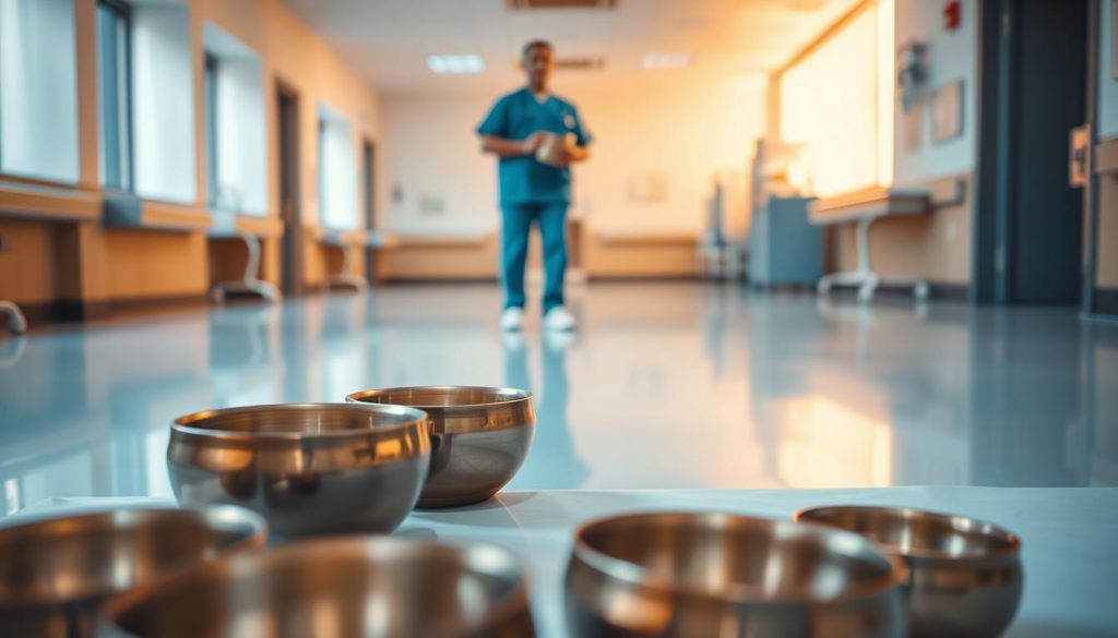 A serene hospital ward, bathed in warm, diffused lighting. In the foreground, a collection of Tibetan singing bowls rests on a clean, sterile surface, their metallic exteriors gleaming. The bowls are arranged in a deliberate, almost ritualistic manner, suggesting their use in therapeutic practices. In the middle ground, a lone healthcare practitioner, clad in scrubs, holds a bowl gently, poised to strike it and release its soothing, resonant tones. The background is softly blurred, hinting at the clinical setting while keeping the focus on the bowls and their application in a medical context. The overall atmosphere is one of tranquility, healing, and the integration of traditional Eastern practices into modern healthcare. A serene hospital ward, bathed in warm, diffused lighting. In the foreground, a collection of Tibetan singing bowls rests on a clean, sterile surface, their metallic exteriors gleaming. The bowls are arranged in a deliberate, almost ritualistic manner, suggesting their use in therapeutic practices. In the middle ground, a lone healthcare practitioner, clad in scrubs, holds a bowl gently, poised to strike it and release its soothing, resonant tones. The background is softly blurred, hinting at the clinical setting while keeping the focus on the bowls and their application in a medical context. The overall atmosphere is one of tranquility, healing, and the integration of traditional Eastern practices into modern healthcare.