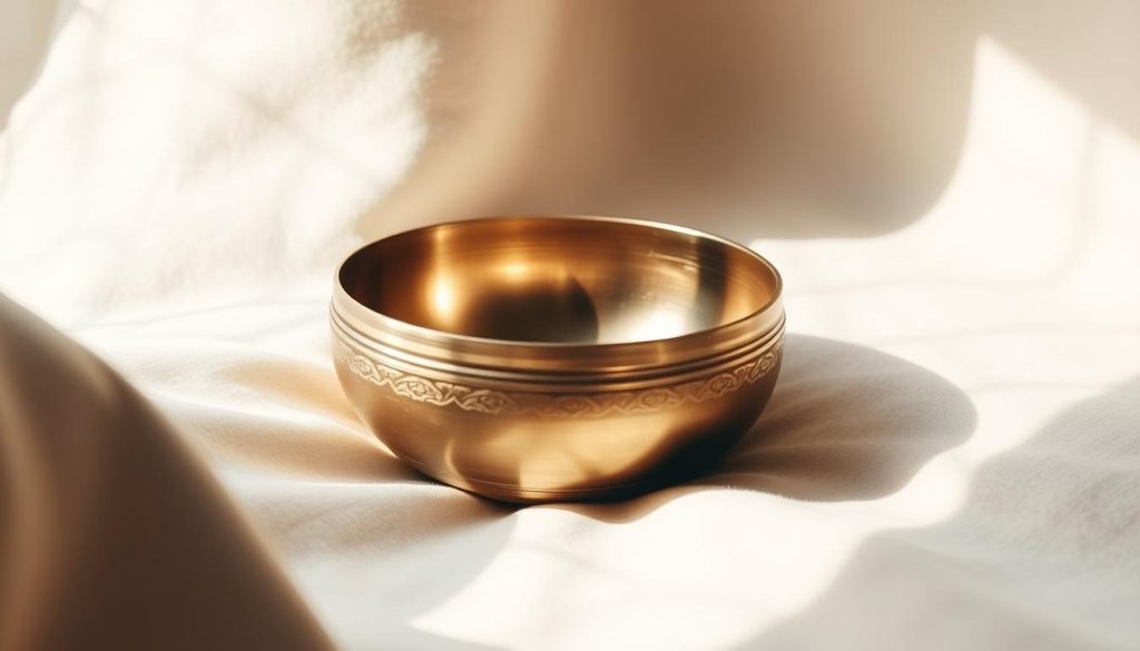 A tibetan singing bowl resting on a soft, neutral-colored surface. The bowl is made of gleaming bronze, its surface etched with intricate patterns. Gentle light from above illuminates the bowl, casting soft shadows and highlights that accentuate its elegant form. The bowl is positioned in the center of the frame, with ample negative space surrounding it to create a serene, calming atmosphere. The lighting is natural and diffused, creating a warm, inviting ambiance. The overall composition is simple yet visually striking, emphasizing the beauty and tranquility of the tibetan singing bowl. A tibetan singing bowl resting on a soft, neutral-colored surface. The bowl is made of gleaming bronze, its surface etched with intricate patterns. Gentle light from above illuminates the bowl, casting soft shadows and highlights that accentuate its elegant form. The bowl is positioned in the center of the frame, with ample negative space surrounding it to create a serene, calming atmosphere. The lighting is natural and diffused, creating a warm, inviting ambiance. The overall composition is simple yet visually striking, emphasizing the beauty and tranquility of the tibetan singing bowl.
