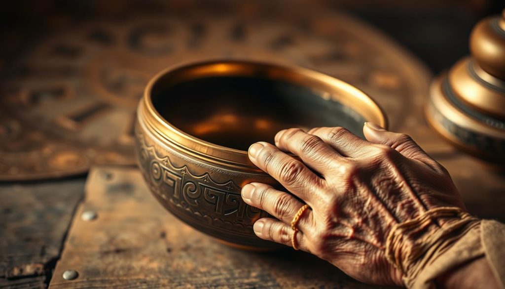 A weathered Tibetan singing bowl rests on a time-worn wooden surface, its burnished bronze surface reflecting the warm, ambient lighting. The bowl's intricate engraved patterns and worn patina suggest a storied history, hinting at the profound spiritual and cultural significance it holds. In the foreground, a pair of gnarled, aged hands caresses the rim, their weathered texture mirroring the bowl's own signs of age and use. The scene is bathed in a soft, golden glow, evoking a sense of reverence and contemplation. The overall composition suggests the connection between the bowl's price, age, and condition as indicators of its authenticity and the rich heritage it represents.