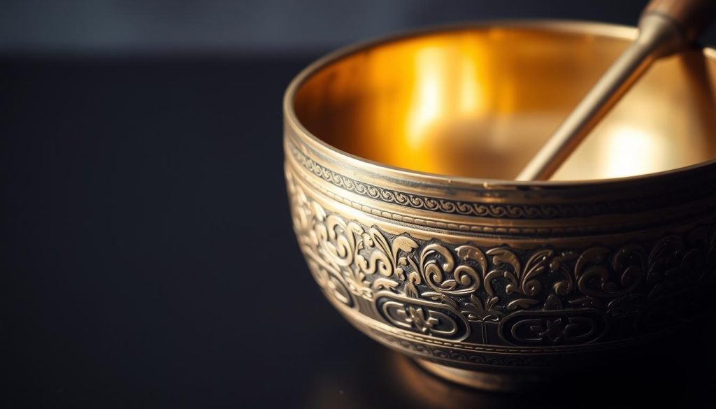 Composition métaux bol: A close-up still life of an ornate Tibetan singing bowl, crafted from an alloy of various precious metals. The bowl's surface gleams with a warm, burnished patina, reflecting the interplay of light and shadow. The composition features the bowl prominently in the foreground, resting on a dark, minimalist surface. The middle ground showcases the intricate, engraved patterns and textures that adorn the bowl's exterior, hinting at its ancient origins and ritual significance. The background is softly blurred, allowing the viewer to focus on the tactile, sensorial qualities of the metallic composition. The overall mood is one of reverence and contemplation, inviting the viewer to appreciate the bowl's material essence and its role in traditional practices.