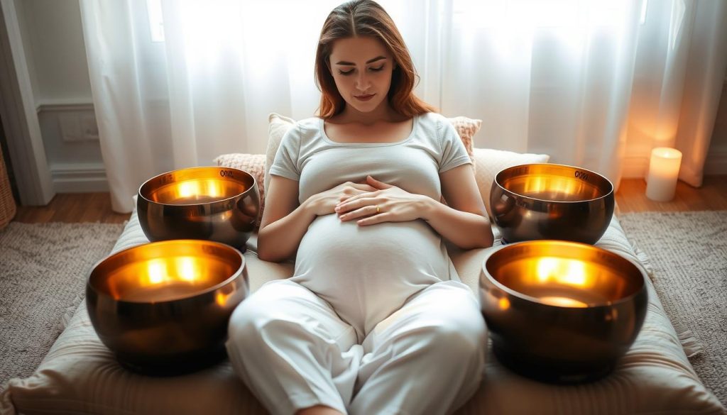 Soothing sounds for expectant mothers: a tranquil scene with a pregnant woman relaxing on a plush cushion, surrounded by glowing Tibetan singing bowls emitting gentle, resonant tones. Soft, diffused natural light filters through the window, creating a calming ambiance. The woman's expression is serene, her hands resting tenderly on her baby bump as the vibrations of the bowls wash over her. The composition is balanced, with the bowls arranged in a circular pattern, their metallic hues complementing the warm, earthy tones of the room. An atmosphere of peace, comfort, and mindful connection between mother and child prevails. Soothing sounds for expectant mothers: a tranquil scene with a pregnant woman relaxing on a plush cushion, surrounded by glowing Tibetan singing bowls emitting gentle, resonant tones. Soft, diffused natural light filters through the window, creating a calming ambiance. The woman's expression is serene, her hands resting tenderly on her baby bump as the vibrations of the bowls wash over her. The composition is balanced, with the bowls arranged in a circular pattern, their metallic hues complementing the warm, earthy tones of the room. An atmosphere of peace, comfort, and mindful connection between mother and child prevails.