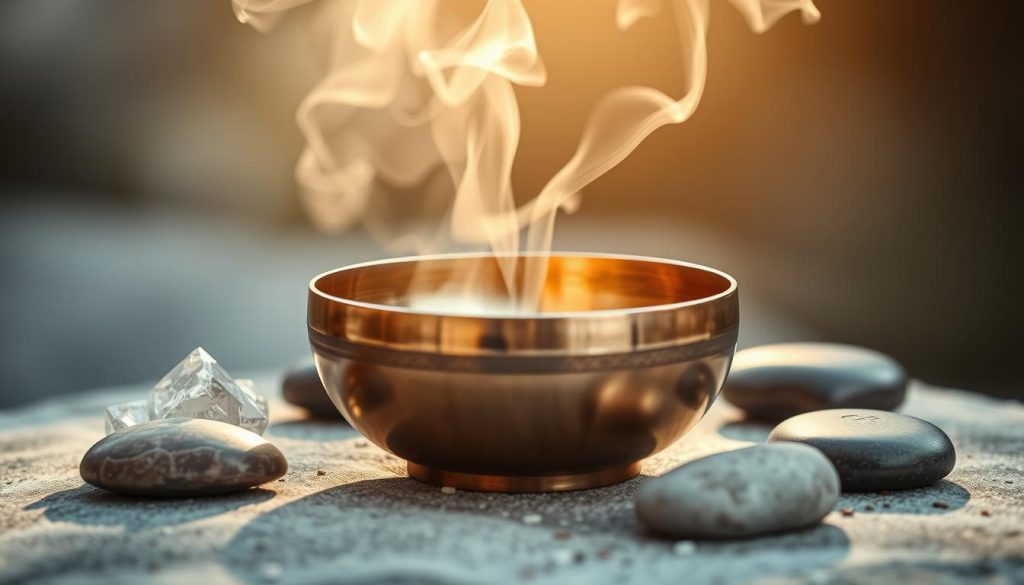 A Tibetan singing bowl resting on a serene, natural surface, surrounded by soothing elements. The bowl's bronze exterior gleams under soft, diffused lighting, casting gentle shadows. Wisps of fragrant incense curl upwards, creating an atmosphere of tranquility and introspection. Crystals and smooth stones are strategically placed, enhancing the meditative ambiance. The camera angle is slightly elevated, allowing the viewer to fully appreciate the bowl's form and the harmonious arrangement of the accessories. This calming scene evokes a sense of grounded focus, perfect for illustrating a section on personal anchoring practices with a Tibetan singing bowl. A Tibetan singing bowl resting on a serene, natural surface, surrounded by soothing elements. The bowl's bronze exterior gleams under soft, diffused lighting, casting gentle shadows. Wisps of fragrant incense curl upwards, creating an atmosphere of tranquility and introspection. Crystals and smooth stones are strategically placed, enhancing the meditative ambiance. The camera angle is slightly elevated, allowing the viewer to fully appreciate the bowl's form and the harmonious arrangement of the accessories. This calming scene evokes a sense of grounded focus, perfect for illustrating a section on personal anchoring practices with a Tibetan singing bowl.