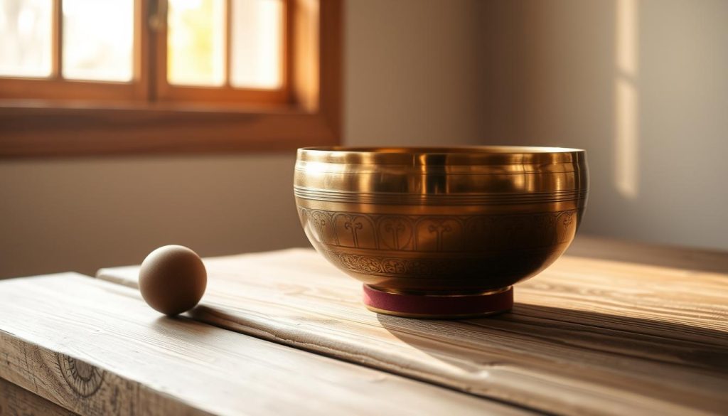 A beautifully crafted Tibetan singing bowl resting on a serene wooden surface, illuminated by warm natural lighting filtering through a window. The gleaming brass bowl is meticulously polished, its intricate engravings and symbols casting soft shadows. The bowl's elegant curves and smooth contours are accentuated, inviting the viewer to reach out and explore its tactile qualities. The surrounding environment is minimalist yet tranquil, with subtle textures and muted tones that create a calming, meditative atmosphere, perfectly suited for a mindful selection of the ideal singing bowl. A beautifully crafted Tibetan singing bowl resting on a serene wooden surface, illuminated by warm natural lighting filtering through a window. The gleaming brass bowl is meticulously polished, its intricate engravings and symbols casting soft shadows. The bowl's elegant curves and smooth contours are accentuated, inviting the viewer to reach out and explore its tactile qualities. The surrounding environment is minimalist yet tranquil, with subtle textures and muted tones that create a calming, meditative atmosphere, perfectly suited for a mindful selection of the ideal singing bowl.