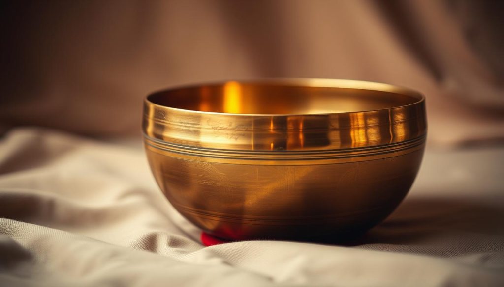 A close-up view of a Tibetan singing bowl, its gleaming bronze surface reflecting warm studio lighting. The bowl sits on a soft, muted fabric, positioned to highlight its elegant curves and intricate markings. The bowl's rim is slightly tilted, suggesting the gentle movement of a skilled hand coaxing out its rich, resonant tone. The background is blurred, drawing the viewer's focus to the mesmerizing display of the bowl's meditative power. The composition evokes a sense of tranquility, inviting the viewer to experience the soothing vibrations of this ancient ritual tool.