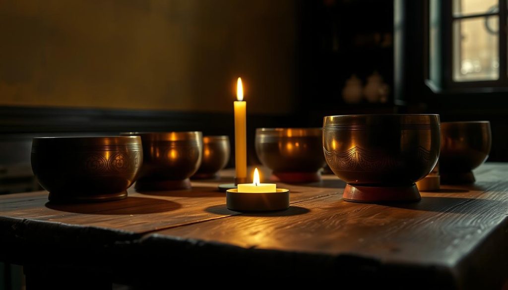 A dimly lit room, antique Tibetan singing bowls rest on a weathered wooden table. Ornate brass bowls with intricate engravings and a variety of sizes catch the soft glow of a single candle. The warm light casts shadows, creating a serene, meditative atmosphere. The bowls appear to resonate, their vibrations palpable. The scene is captured from a low angle, emphasizing the contemplative nature of the Tibetan ritual objects. This image evokes the tranquility and spirituality associated with these ancient musical instruments, perfect for illustrating a section on where to find them in the cities of Paris, Lyon, and Toulouse. A dimly lit room, antique Tibetan singing bowls rest on a weathered wooden table. Ornate brass bowls with intricate engravings and a variety of sizes catch the soft glow of a single candle. The warm light casts shadows, creating a serene, meditative atmosphere. The bowls appear to resonate, their vibrations palpable. The scene is captured from a low angle, emphasizing the contemplative nature of the Tibetan ritual objects. This image evokes the tranquility and spirituality associated with these ancient musical instruments, perfect for illustrating a section on where to find them in the cities of Paris, Lyon, and Toulouse.