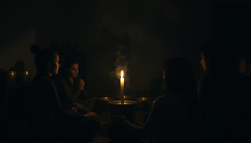 A dimly lit room, the air thick with the scent of incense and candle wax. A group of individuals sit in a circle, their faces illuminated by the soft glow of a single candle flickering in the center. Shadows dance across the walls, creating an atmosphere of mystery and anticipation. The participants, their eyes closed, hold hands as they focus their energy, seeking to connect with the spiritual realm. In the background, a collection of Tibetan singing bowls rests, their metallic gleam hinting at the resonant tones that will soon fill the space, guiding the séance to its enigmatic conclusion. A dimly lit room, the air thick with the scent of incense and candle wax. A group of individuals sit in a circle, their faces illuminated by the soft glow of a single candle flickering in the center. Shadows dance across the walls, creating an atmosphere of mystery and anticipation. The participants, their eyes closed, hold hands as they focus their energy, seeking to connect with the spiritual realm. In the background, a collection of Tibetan singing bowls rests, their metallic gleam hinting at the resonant tones that will soon fill the space, guiding the séance to its enigmatic conclusion.