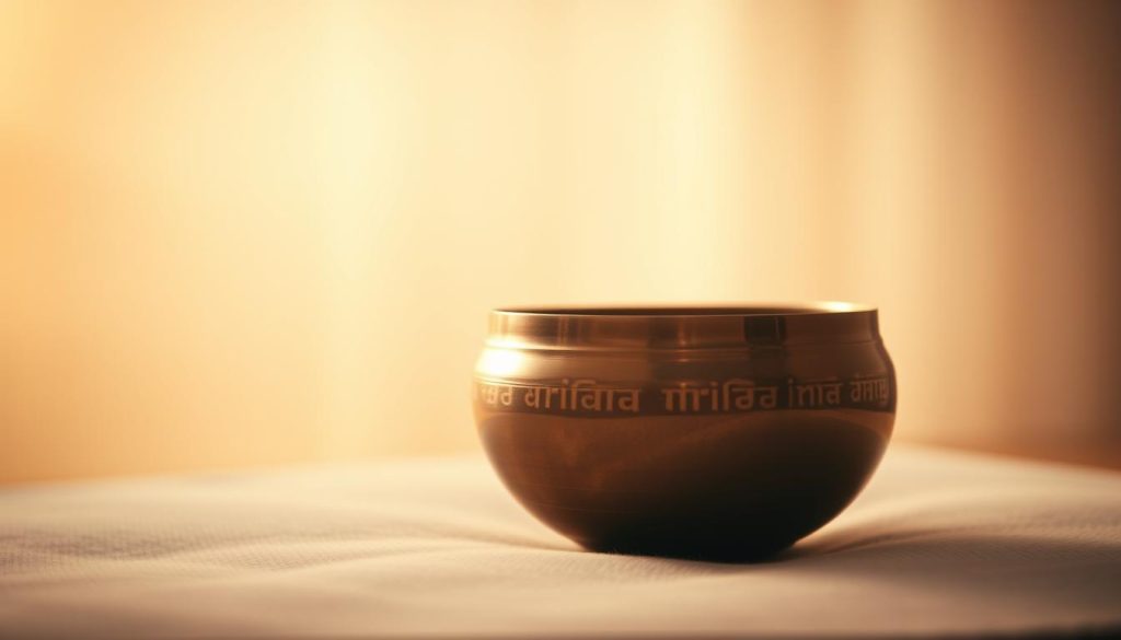 A serene Tibetan singing bowl resting on a soft, cushioned surface, bathed in warm, diffused lighting that creates a soothing, meditative atmosphere. The bowl's metallic surface reflects the gentle glow, emanating a sense of tranquility. The foreground is in sharp focus, while the background fades into a hazy, ethereal blur, directing the viewer's attention to the central object. The composition is well-balanced, with the bowl positioned slightly off-center, creating a sense of visual harmony. The overall scene evokes a calming, introspective mood, perfectly suited to illustrate the integration of the Tibetan singing bowl into meditation and yoga practices. A serene Tibetan singing bowl resting on a soft, cushioned surface, bathed in warm, diffused lighting that creates a soothing, meditative atmosphere. The bowl's metallic surface reflects the gentle glow, emanating a sense of tranquility. The foreground is in sharp focus, while the background fades into a hazy, ethereal blur, directing the viewer's attention to the central object. The composition is well-balanced, with the bowl positioned slightly off-center, creating a sense of visual harmony. The overall scene evokes a calming, introspective mood, perfectly suited to illustrate the integration of the Tibetan singing bowl into meditation and yoga practices.