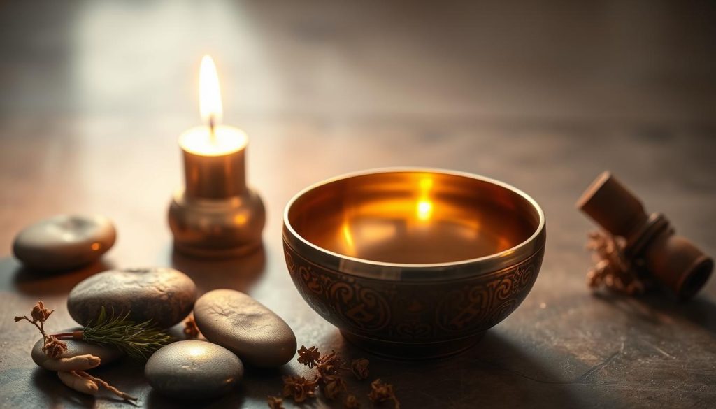 A serene Tibetan singing bowl resting on a tranquil surface, bathed in warm, diffused lighting. The bowl's intricate patterns and copper hue gleam subtly, exuding a sense of ancient wisdom and meditative calm. Surrounding the bowl, an arrangement of natural elements like smooth river stones, dried herbs, and a single candle flame, creating a grounded, earthy atmosphere. The overall scene evokes a feeling of balance, harmony, and the restorative power of this traditional healing tool, capturing the essence of its benefits and the contemplative experience it can inspire. A serene Tibetan singing bowl resting on a tranquil surface, bathed in warm, diffused lighting. The bowl's intricate patterns and copper hue gleam subtly, exuding a sense of ancient wisdom and meditative calm. Surrounding the bowl, an arrangement of natural elements like smooth river stones, dried herbs, and a single candle flame, creating a grounded, earthy atmosphere. The overall scene evokes a feeling of balance, harmony, and the restorative power of this traditional healing tool, capturing the essence of its benefits and the contemplative experience it can inspire.
