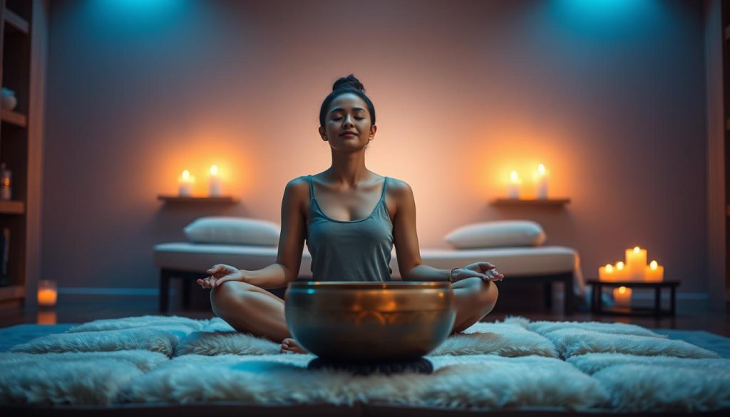 A serene and tranquil scene of a person enjoying the benefits of relaxation. A person sitting cross-legged on a plush, cushioned surface in a dimly lit room, surrounded by soothing ambient lighting and the gentle glow of flickering candles. The person's eyes are closed, their face expressing a sense of deep calm and inner peace. In the background, a few Tibetan singing bowls rest on a low table, their metallic surfaces reflecting the warm light. The overall atmosphere is one of deep relaxation, with a focus on the individual's experience of the moment. A serene and tranquil scene of a person enjoying the benefits of relaxation. A person sitting cross-legged on a plush, cushioned surface in a dimly lit room, surrounded by soothing ambient lighting and the gentle glow of flickering candles. The person's eyes are closed, their face expressing a sense of deep calm and inner peace. In the background, a few Tibetan singing bowls rest on a low table, their metallic surfaces reflecting the warm light. The overall atmosphere is one of deep relaxation, with a focus on the individual's experience of the moment.
