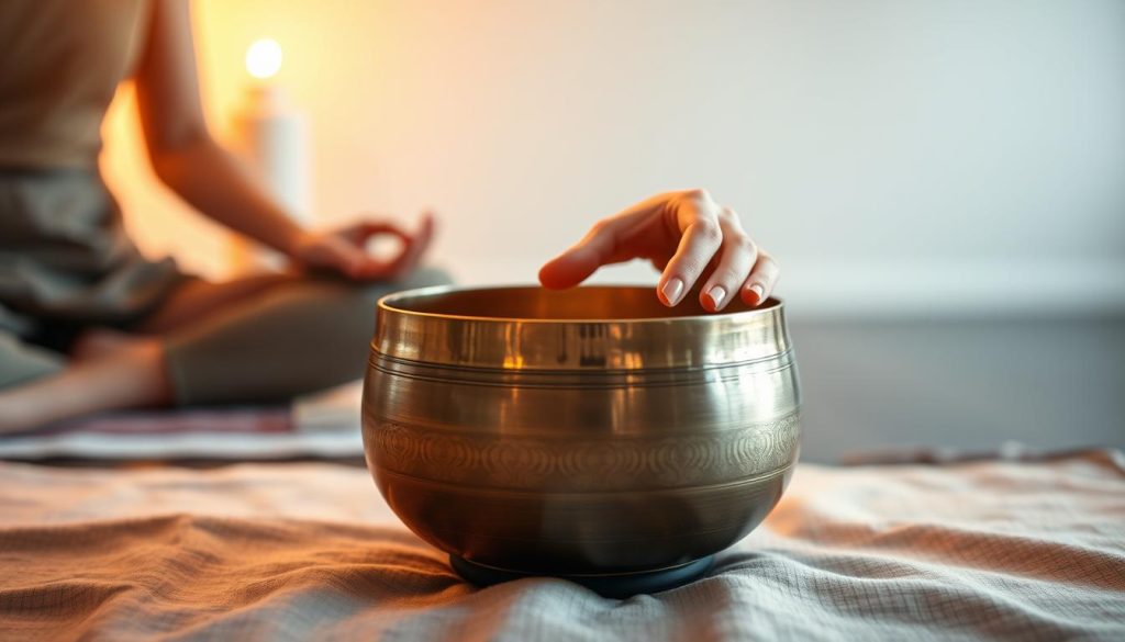 A serene meditation space with a Tibetan singing bowl placed in the foreground, its metallic surface reflecting the warm, ambient lighting. The bowl rests on a soft, textured cloth, inviting touch and gentle exploration. In the middle ground, hands gently caress the bowl, the fingers tracing the smooth curves and coaxing forth a soothing, resonant hum. The background fades into a tranquil, minimalist setting, evoking a sense of calming focus and inner peace. Soft shadows and highlights accentuate the tactile nature of the scene, creating an immersive, sensory experience that encapsulates the ritual of Tibetan bowl massage. A serene meditation space with a Tibetan singing bowl placed in the foreground, its metallic surface reflecting the warm, ambient lighting. The bowl rests on a soft, textured cloth, inviting touch and gentle exploration. In the middle ground, hands gently caress the bowl, the fingers tracing the smooth curves and coaxing forth a soothing, resonant hum. The background fades into a tranquil, minimalist setting, evoking a sense of calming focus and inner peace. Soft shadows and highlights accentuate the tactile nature of the scene, creating an immersive, sensory experience that encapsulates the ritual of Tibetan bowl massage.