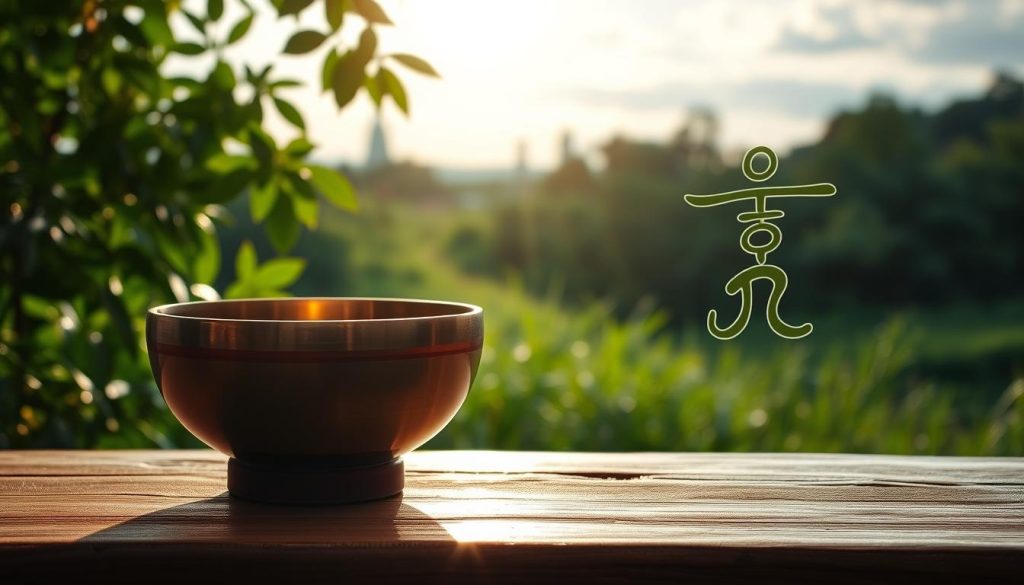 A serene, natural landscape featuring a tibetan singing bowl and reiki symbols, set against a backdrop of lush greenery and a calming sky. The bowl sits on a smooth, polished wooden surface, emitting a soft, ambient glow. Sunlight filters through the leaves, casting gentle shadows and creating a sense of tranquility. The reiki symbols, crafted with delicate lines, float in the air, radiating a subtle energy. The overall atmosphere is one of balance, healing, and the restorative power of alternative wellness practices. A serene, natural landscape featuring a tibetan singing bowl and reiki symbols, set against a backdrop of lush greenery and a calming sky. The bowl sits on a smooth, polished wooden surface, emitting a soft, ambient glow. Sunlight filters through the leaves, casting gentle shadows and creating a sense of tranquility. The reiki symbols, crafted with delicate lines, float in the air, radiating a subtle energy. The overall atmosphere is one of balance, healing, and the restorative power of alternative wellness practices.