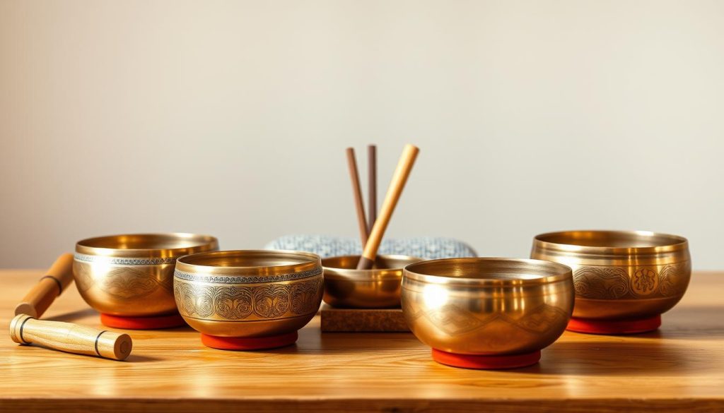 A still life of a set of Tibetan singing bowls, arranged on a wooden surface with a neutral background. The bowls are made of brass or bronze, with intricate patterns and textures reflecting the warm, natural lighting. The bowls are presented in the foreground, with a sense of depth and balance, highlighting their unique shapes and sizes. The middle ground features complementary accessories such as wooden mallets, incense sticks, and a small meditation cushion, creating a harmonious, serene composition. The background is intentionally blurred, allowing the focus to remain on the singing bowls and their associated tools, conveying a sense of calm and mindfulness suitable for a home massage ritual.