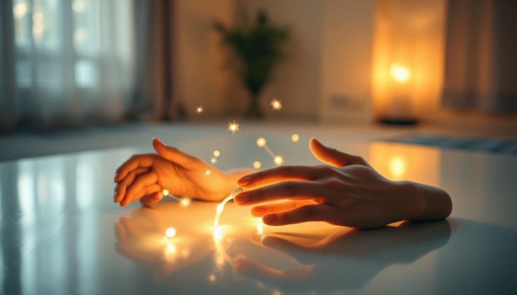 A tranquil scene of a séance, with hands gently resting on a serene surface, emanating a palpable energy. The room is bathed in a soft, warm glow, creating an inviting and calming atmosphere. Glowing orbs of light dance around the hands, symbolizing the vibrations and frequencies that connect the participants. In the background, a faint, ethereal melody plays, adding to the meditative ambiance. The overall composition conveys a sense of harmony, balance, and the holistic interplay of mind, body, and spirit in the pursuit of well-being. A tranquil scene of a séance, with hands gently resting on a serene surface, emanating a palpable energy. The room is bathed in a soft, warm glow, creating an inviting and calming atmosphere. Glowing orbs of light dance around the hands, symbolizing the vibrations and frequencies that connect the participants. In the background, a faint, ethereal melody plays, adding to the meditative ambiance. The overall composition conveys a sense of harmony, balance, and the holistic interplay of mind, body, and spirit in the pursuit of well-being.