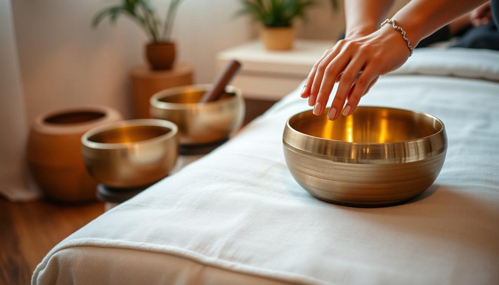 A warm, cozy home setting with a skilled massage therapist's hands carefully manipulating Tibetan singing bowls, creating a soothing, meditative ambiance. The bowls are positioned on a massage table, their metallic surfaces reflecting the soft, diffused lighting. The therapist's hands gently strike and rotate the bowls, producing a calming, resonant soundscape that envelops the space. The overall scene conveys a sense of tranquility, inviting the viewer to experience the practical, targeted application of Tibetan singing bowls as part of a holistic home massage protocol.