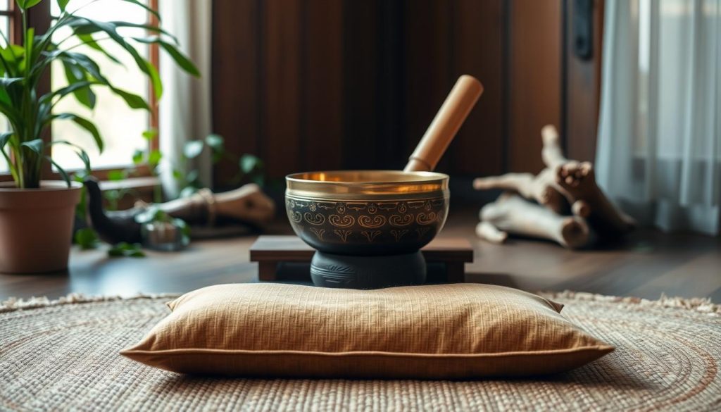 Prepare an intimate, serene space for a Tibetan bowl practice. In the foreground, a wooden meditation cushion is placed on a soft, woven rug, inviting the practitioner to sit in a grounded, centered position. Behind it, a low table holds the gleaming bronze Tibetan bowl, its intricate patterns catching the soft, diffused light from a window. Surrounding the setup, lush greenery and natural elements like driftwood or river stones create a calming, earthy ambiance, evoking a sense of connection to the natural world. The overall mood is one of tranquility, balance, and intentionality, setting the stage for a transformative sound meditation experience. Prepare an intimate, serene space for a Tibetan bowl practice. In the foreground, a wooden meditation cushion is placed on a soft, woven rug, inviting the practitioner to sit in a grounded, centered position. Behind it, a low table holds the gleaming bronze Tibetan bowl, its intricate patterns catching the soft, diffused light from a window. Surrounding the setup, lush greenery and natural elements like driftwood or river stones create a calming, earthy ambiance, evoking a sense of connection to the natural world. The overall mood is one of tranquility, balance, and intentionality, setting the stage for a transformative sound meditation experience.
