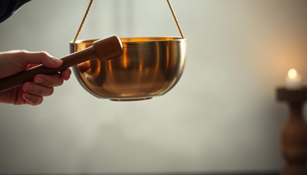 A Tibetan singing bowl suspended in mid-air, its metallic surface reflecting a warm, golden glow. The bowl is held in a precise, controlled position, with a wooden mallet gently gliding along its rim, eliciting a deep, resonant hum. The scene is bathed in soft, diffused lighting, creating an intimate, meditative atmosphere. In the background, a blurred, minimalist environment suggests a serene, contemplative setting. The overall composition emphasizes the technical mastery and focus required to produce the bowl's enchanting, harmonic vibrations. A Tibetan singing bowl suspended in mid-air, its metallic surface reflecting a warm, golden glow. The bowl is held in a precise, controlled position, with a wooden mallet gently gliding along its rim, eliciting a deep, resonant hum. The scene is bathed in soft, diffused lighting, creating an intimate, meditative atmosphere. In the background, a blurred, minimalist environment suggests a serene, contemplative setting. The overall composition emphasizes the technical mastery and focus required to produce the bowl's enchanting, harmonic vibrations.