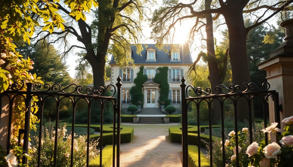 A charming view of the Maison d'André Verchuren, a historic French house in Chantilly, surrounded by lush greenery and blooming flowers. In the foreground, intricate wrought iron gates lead into a well-manicured garden. The house, styled in elegant French architecture, stands prominently in the middle, with large windows reflecting soft morning light. Tall trees provide a serene backdrop, their leaves rustling gently in the breeze. Soft, diffused sunlight creates a warm golden hour ambiance, enhancing the inviting atmosphere. Capture the essence of André Verchuren's personal life and cultural legacy. Use a wide-angle lens to showcase both the house and its beautiful surroundings, focusing on warmth and nostalgia in the composition. A charming view of the Maison d'André Verchuren, a historic French house in Chantilly, surrounded by lush greenery and blooming flowers. In the foreground, intricate wrought iron gates lead into a well-manicured garden. The house, styled in elegant French architecture, stands prominently in the middle, with large windows reflecting soft morning light. Tall trees provide a serene backdrop, their leaves rustling gently in the breeze. Soft, diffused sunlight creates a warm golden hour ambiance, enhancing the inviting atmosphere. Capture the essence of André Verchuren's personal life and cultural legacy. Use a wide-angle lens to showcase both the house and its beautiful surroundings, focusing on warmth and nostalgia in the composition.