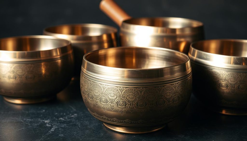 A close-up shot of several high-quality Tibetan singing bowls, each expertly handcrafted with intricate hammer markings and a gleaming metallic finish. The bowls are placed on a dark, mottled surface, catching the light from a soft, diffused source that highlights their mesmerizing textures and rich tones. The scene exudes a sense of artisanal craftsmanship, with the bowls' elegant forms and harmonious arrangement conveying the care and skill of their makers. The overall atmosphere is one of tranquility and sonic potential, inviting the viewer to imagine the soothing, resonant tones that these bowls might produce. A close-up shot of several high-quality Tibetan singing bowls, each expertly handcrafted with intricate hammer markings and a gleaming metallic finish. The bowls are placed on a dark, mottled surface, catching the light from a soft, diffused source that highlights their mesmerizing textures and rich tones. The scene exudes a sense of artisanal craftsmanship, with the bowls' elegant forms and harmonious arrangement conveying the care and skill of their makers. The overall atmosphere is one of tranquility and sonic potential, inviting the viewer to imagine the soothing, resonant tones that these bowls might produce.