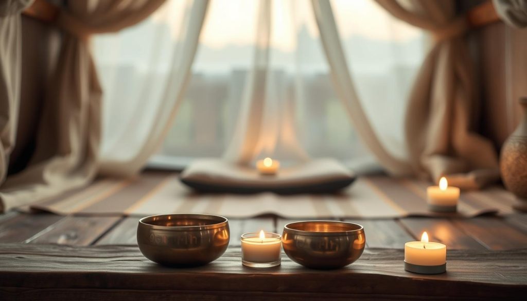 A cozy scene of nomadic ritual practice unfolds. In the foreground, a small gathering of Tibetan singing bowls sit upon a weathered wooden surface, their shimmering brass forms reflecting the warm candlelight. The middle ground reveals a simple meditation cushion, inviting one to pause and connect with the present moment. In the background, soft, diffused light filters through sheer fabric panels, evoking a sense of tranquility and sacredness. The overall mood is one of mindful simplicity, where the ritual use of these miniature bowls helps to purify the space and mark the rhythms of daily life on the move. A cozy scene of nomadic ritual practice unfolds. In the foreground, a small gathering of Tibetan singing bowls sit upon a weathered wooden surface, their shimmering brass forms reflecting the warm candlelight. The middle ground reveals a simple meditation cushion, inviting one to pause and connect with the present moment. In the background, soft, diffused light filters through sheer fabric panels, evoking a sense of tranquility and sacredness. The overall mood is one of mindful simplicity, where the ritual use of these miniature bowls helps to purify the space and mark the rhythms of daily life on the move.