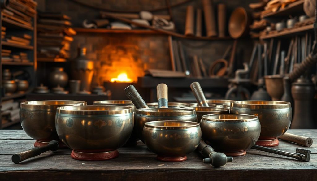 A detailed still life depicting a "composition métaux" or metal composition. In the foreground, a collection of Tibetan singing bowls made from an ancient alloy of bronze, copper, and other precious metals. The bowls are arranged in a harmonious pattern, catching the soft, warm light and reflecting the rich, textured surfaces. In the middle ground, various metal tools and implements used in the crafting process, such as hammers, tongs, and chisels, are displayed. The background features a dimly lit, atmospheric workshop setting, with shelves of raw materials and the faint glow of a forge. The overall scene conveys a sense of artisanal craftsmanship, tradition, and the enduring legacy of Tibetan metalworking techniques. A detailed still life depicting a "composition métaux" or metal composition. In the foreground, a collection of Tibetan singing bowls made from an ancient alloy of bronze, copper, and other precious metals. The bowls are arranged in a harmonious pattern, catching the soft, warm light and reflecting the rich, textured surfaces. In the middle ground, various metal tools and implements used in the crafting process, such as hammers, tongs, and chisels, are displayed. The background features a dimly lit, atmospheric workshop setting, with shelves of raw materials and the faint glow of a forge. The overall scene conveys a sense of artisanal craftsmanship, tradition, and the enduring legacy of Tibetan metalworking techniques.