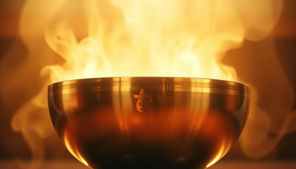 A large, metallic singing bowl sits prominently in the center, its glossy surface reflecting the warm, golden lighting. The bowl's diameter is clearly visible, its size accentuating the vibrant, resonant tone it emits. Surrounding the bowl, a soft, hazy glow emanates, creating a serene, contemplative atmosphere. The camera angle captures the bowl at a slight angle, highlighting its tapered, elegant shape and the intricate patterns engraved on its surface. The vibrations of the bowl can be almost felt, the image conveying the soothing, meditative qualities of this traditional Tibetan instrument. A large, metallic singing bowl sits prominently in the center, its glossy surface reflecting the warm, golden lighting. The bowl's diameter is clearly visible, its size accentuating the vibrant, resonant tone it emits. Surrounding the bowl, a soft, hazy glow emanates, creating a serene, contemplative atmosphere. The camera angle captures the bowl at a slight angle, highlighting its tapered, elegant shape and the intricate patterns engraved on its surface. The vibrations of the bowl can be almost felt, the image conveying the soothing, meditative qualities of this traditional Tibetan instrument.