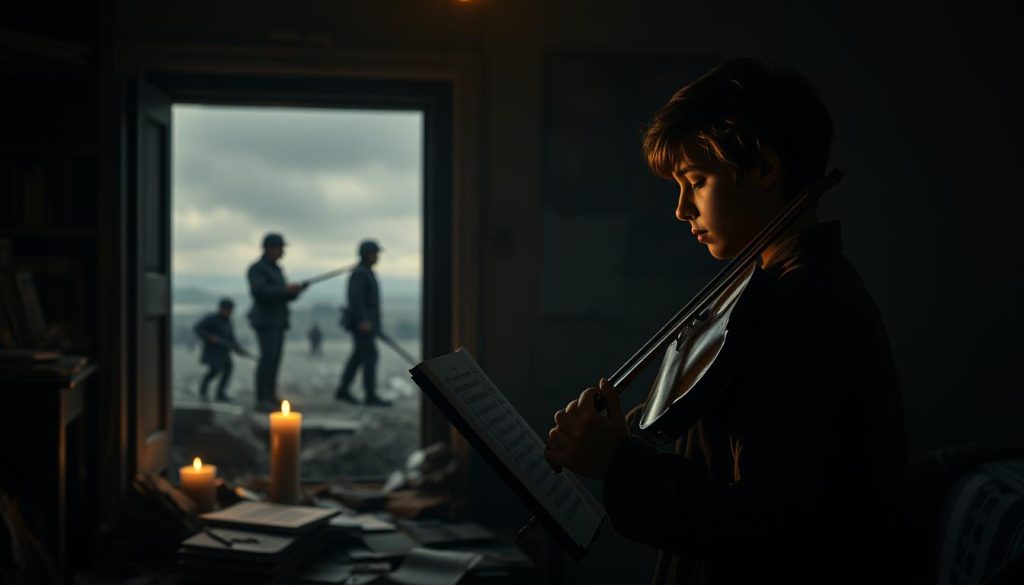 A poignant scene depicting the musical formation and struggles during wartime. In the foreground, a focused young musician with a violin, dressed in modest clothing, practices in a dimly lit room filled with scattered sheet music and a small, flickering candle. In the middle ground, silhouettes of military figures discussing strategy, symbolizing the conflict, are seen through an open doorway. The background features a war-torn landscape with hints of a distant battlefield, shrouded in a grey, overcast sky. The lighting is warm and intimate in the foreground, contrasting with the cold, harsh tones of the outside world, creating an atmosphere of resilience and hope amidst adversity. Capture the emotion of dedication and struggle in this reflective moment. A poignant scene depicting the musical formation and struggles during wartime. In the foreground, a focused young musician with a violin, dressed in modest clothing, practices in a dimly lit room filled with scattered sheet music and a small, flickering candle. In the middle ground, silhouettes of military figures discussing strategy, symbolizing the conflict, are seen through an open doorway. The background features a war-torn landscape with hints of a distant battlefield, shrouded in a grey, overcast sky. The lighting is warm and intimate in the foreground, contrasting with the cold, harsh tones of the outside world, creating an atmosphere of resilience and hope amidst adversity. Capture the emotion of dedication and struggle in this reflective moment.