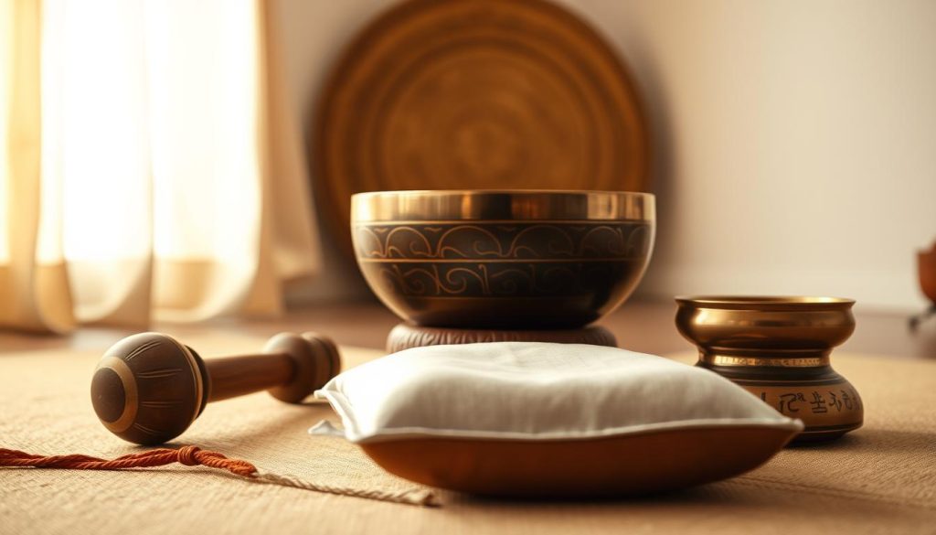 A serene Tibetan meditation space, illuminated by warm, soft lighting. In the foreground, a carefully curated arrangement of complementary Tibetan singing bowl accessories - a wooden mallet, a silk cushion, and a bronze bowl stand. The middle ground features the main Tibetan singing bowl, its intricate patterns and gentle sheen capturing the viewer's attention. In the background, a tranquil, minimalist environment with neutral tones and natural textures, creating a calming, contemplative atmosphere. The overall composition emphasizes the harmony and functionality of the accessories, designed to enhance the meditative experience of using the Tibetan singing bowl.