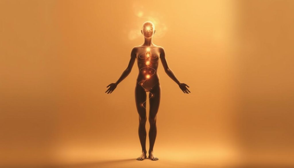 A serene and harmonious depiction of the human form, showcasing the energy flow and chakra alignment within the body. A central figure, radiating an aura of peace and balance, stands in a relaxed, meditative pose against a backdrop of soft, muted tones. Delicate wisps of energy emanate from the figure's core, gently pulsing and intertwining, creating a sense of interconnectedness. The lighting is warm and diffused, casting a gentle glow on the subject, emphasizing the tranquility and introspection of the scene. The overall composition is elegant and minimalist, allowing the viewer to focus on the subtle energetic dynamics within the corps. A serene and harmonious depiction of the human form, showcasing the energy flow and chakra alignment within the body. A central figure, radiating an aura of peace and balance, stands in a relaxed, meditative pose against a backdrop of soft, muted tones. Delicate wisps of energy emanate from the figure's core, gently pulsing and intertwining, creating a sense of interconnectedness. The lighting is warm and diffused, casting a gentle glow on the subject, emphasizing the tranquility and introspection of the scene. The overall composition is elegant and minimalist, allowing the viewer to focus on the subtle energetic dynamics within the corps.