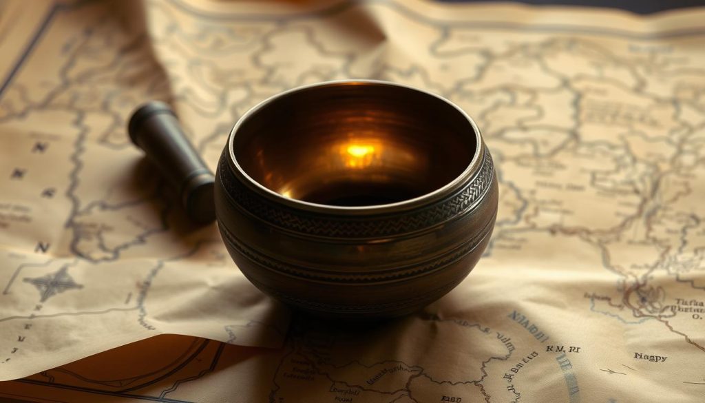 A serene and meditative Tibetan singing bowl rests atop a delicate parchment map, illuminated by soft, diffused lighting that creates a warm, contemplative atmosphere. The bowl's intricate surface patterns and the map's aged texture invite the viewer to explore the journey of discovering the perfect first Tibetan bowl. The composition emphasizes the harmony between the ancient traditions and the modern quest for personal growth, capturing the essence of the "Débutant : choisir son premier bol tibétain — la feuille de route en 5 étapes" section. A serene and meditative Tibetan singing bowl rests atop a delicate parchment map, illuminated by soft, diffused lighting that creates a warm, contemplative atmosphere. The bowl's intricate surface patterns and the map's aged texture invite the viewer to explore the journey of discovering the perfect first Tibetan bowl. The composition emphasizes the harmony between the ancient traditions and the modern quest for personal growth, capturing the essence of the "Débutant : choisir son premier bol tibétain — la feuille de route en 5 étapes" section.