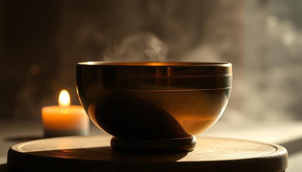 A serene, dimly lit close-up of a Tibetan singing bowl, its polished bronze surface reflecting the soft, warm glow of candlelight. The bowl sits atop a smooth, natural wooden surface, its gentle curves and intricate patterning accentuated by the dramatic chiaroscuro lighting. The background is a hazy, atmospheric blur, allowing the viewer to focus solely on the meditative beauty of the bowl and its relationship to the calming elements around it. The overall scene evokes a sense of tranquility, inviting the viewer to imagine the soothing resonance and healing properties of this ancient ritual object. A serene, dimly lit close-up of a Tibetan singing bowl, its polished bronze surface reflecting the soft, warm glow of candlelight. The bowl sits atop a smooth, natural wooden surface, its gentle curves and intricate patterning accentuated by the dramatic chiaroscuro lighting. The background is a hazy, atmospheric blur, allowing the viewer to focus solely on the meditative beauty of the bowl and its relationship to the calming elements around it. The overall scene evokes a sense of tranquility, inviting the viewer to imagine the soothing resonance and healing properties of this ancient ritual object.