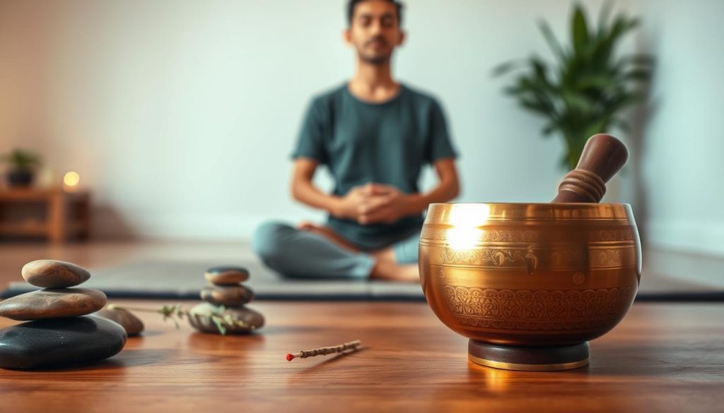 A serene meditation scene in a tranquil setting. In the foreground, a Tibetan singing bowl rests on a smooth, polished wooden surface, its warm, metallic hue glimmering in the soft, diffused lighting. Surrounding the bowl, a calming array of natural elements - smooth stones, fragrant incense, and a simple sprig of greenery - create a grounding, soothing atmosphere. In the middle ground, a human figure sits cross-legged, eyes closed, hands resting gently on their lap, their expression serene and deeply focused. The background is softly blurred, suggesting a minimalist, serene environment, perhaps a meditation studio or a peaceful corner of a home. The overall mood is one of tranquility, introspection, and the restorative power of mindfulness. A serene meditation scene in a tranquil setting. In the foreground, a Tibetan singing bowl rests on a smooth, polished wooden surface, its warm, metallic hue glimmering in the soft, diffused lighting. Surrounding the bowl, a calming array of natural elements - smooth stones, fragrant incense, and a simple sprig of greenery - create a grounding, soothing atmosphere. In the middle ground, a human figure sits cross-legged, eyes closed, hands resting gently on their lap, their expression serene and deeply focused. The background is softly blurred, suggesting a minimalist, serene environment, perhaps a meditation studio or a peaceful corner of a home. The overall mood is one of tranquility, introspection, and the restorative power of mindfulness.