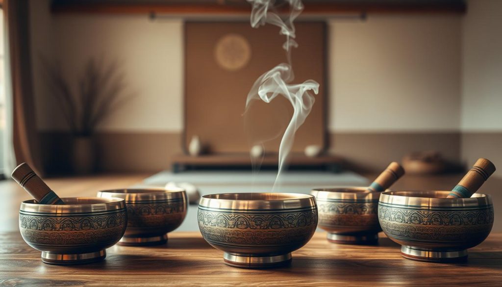 A serene meditation space with a selection of ornate Tibetan singing bowls arranged in the foreground. The bowls are placed on a wooden surface, their intricate patterns and metallic sheen catching the warm, diffused lighting. In the middle ground, a peaceful ambiance is created with wispy incense smoke drifting upwards. The background features a tranquil, minimalist interior with earthy tones and natural textures, evoking a sense of calm and introspection. The overall composition emphasizes the meditative qualities of the Tibetan singing bowls, encouraging the viewer to experience their soothing vibrations. A serene meditation space with a selection of ornate Tibetan singing bowls arranged in the foreground. The bowls are placed on a wooden surface, their intricate patterns and metallic sheen catching the warm, diffused lighting. In the middle ground, a peaceful ambiance is created with wispy incense smoke drifting upwards. The background features a tranquil, minimalist interior with earthy tones and natural textures, evoking a sense of calm and introspection. The overall composition emphasizes the meditative qualities of the Tibetan singing bowls, encouraging the viewer to experience their soothing vibrations.