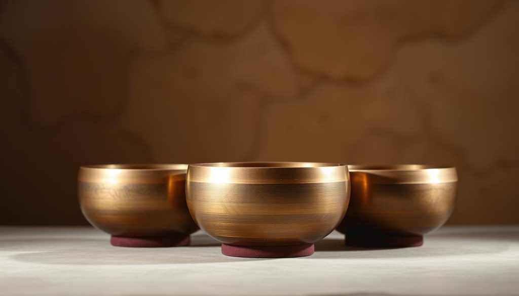 A tranquil arrangement of three Tibetan singing bowls in varying sizes, carefully crafted with a smooth, gleaming surface. The bowls are positioned against a muted, earthy backdrop, allowing their elegant silhouettes and subtle textures to take center stage. Soft, diffused lighting creates a warm, meditative atmosphere, highlighting the bowls' unique shapes and emphasizing the interplay of light and shadow. The composition invites the viewer to contemplate the relationship between the size, weight, and form of these ancient instruments, and how they contribute to the resonant, vibrant tones that emanate from them. A tranquil arrangement of three Tibetan singing bowls in varying sizes, carefully crafted with a smooth, gleaming surface. The bowls are positioned against a muted, earthy backdrop, allowing their elegant silhouettes and subtle textures to take center stage. Soft, diffused lighting creates a warm, meditative atmosphere, highlighting the bowls' unique shapes and emphasizing the interplay of light and shadow. The composition invites the viewer to contemplate the relationship between the size, weight, and form of these ancient instruments, and how they contribute to the resonant, vibrant tones that emanate from them.