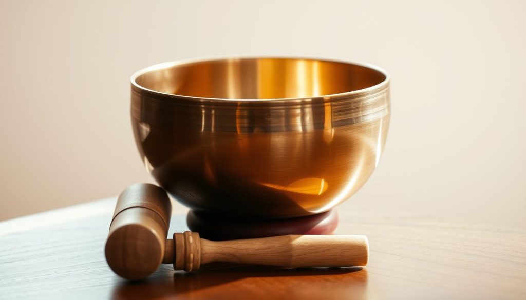 A tranquil scene of a Tibetan singing bowl resting on a wooden surface, its polished bronze surface catching the warm glow of soft natural lighting. The accompanying wooden mallet lies nearby, its smooth, curved handle suggesting the skilled, mindful movements required to coax the bowl's soothing resonance. The scene exudes a sense of calm and focus, hinting at the meditative practice of using these traditional instruments. The background is a blurred, neutral palette, allowing the bowl and mallet to take center stage and command the viewer's attention. A tranquil scene of a Tibetan singing bowl resting on a wooden surface, its polished bronze surface catching the warm glow of soft natural lighting. The accompanying wooden mallet lies nearby, its smooth, curved handle suggesting the skilled, mindful movements required to coax the bowl's soothing resonance. The scene exudes a sense of calm and focus, hinting at the meditative practice of using these traditional instruments. The background is a blurred, neutral palette, allowing the bowl and mallet to take center stage and command the viewer's attention.