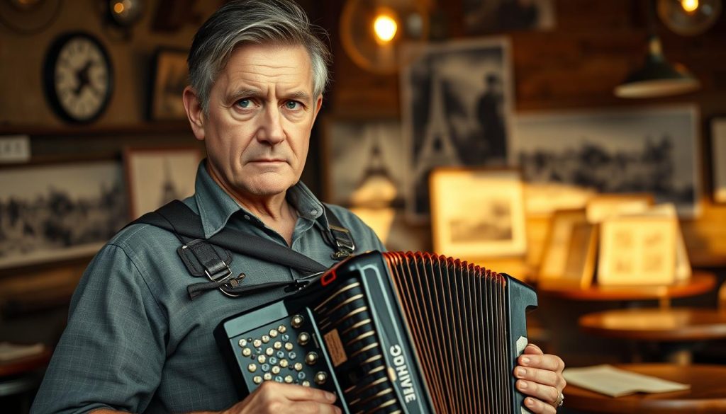 André Verchuren, a French accordionist and wartime resistance fighter, portrayed as a determined middle-aged man in modest, smart casual clothing, holding an accordion with a solemn expression on his face. The foreground captures his intense gaze, symbolizing resilience and strength. In the middle ground, a rustic café setting evokes a sense of camaraderie and nostalgia, with scattered music sheets and an old café table. The background features soft-focus images of World War II-era Paris, enhancing the historical context. Golden hour lighting casts a warm glow, creating a reflective and poignant atmosphere. The image conveys a mood of defiance and survival, celebrating his life as an artist and a survivor of the war. André Verchuren, a French accordionist and wartime resistance fighter, portrayed as a determined middle-aged man in modest, smart casual clothing, holding an accordion with a solemn expression on his face. The foreground captures his intense gaze, symbolizing resilience and strength. In the middle ground, a rustic café setting evokes a sense of camaraderie and nostalgia, with scattered music sheets and an old café table. The background features soft-focus images of World War II-era Paris, enhancing the historical context. Golden hour lighting casts a warm glow, creating a reflective and poignant atmosphere. The image conveys a mood of defiance and survival, celebrating his life as an artist and a survivor of the war.