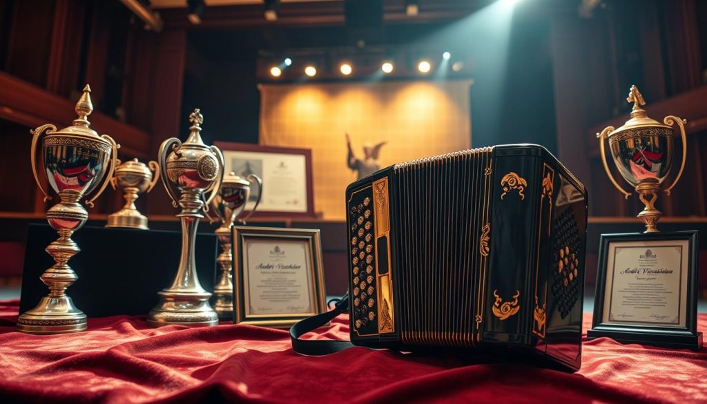 André Verchuren, a celebrated musette accordionist, surrounded by symbols of his distinctions and recognitions. In the foreground, a polished, gold-accented accordion rests majestically atop a richly textured velvet cloth. In the middle ground, elegant awards, including ornate trophies and framed certificates, exude the artistry and dedication of a lifetime devoted to music. In the background, a softly lit concert stage hints at a warm, nostalgic atmosphere, with a gentle spotlight illuminating the accordionist’s legacy. The scene captures the essence of triumph and respect, conveyed through warm light that creates an inviting, reverent mood. The image evokes admiration and celebrates the artistic journey of a legendary musician. André Verchuren, a celebrated musette accordionist, surrounded by symbols of his distinctions and recognitions. In the foreground, a polished, gold-accented accordion rests majestically atop a richly textured velvet cloth. In the middle ground, elegant awards, including ornate trophies and framed certificates, exude the artistry and dedication of a lifetime devoted to music. In the background, a softly lit concert stage hints at a warm, nostalgic atmosphere, with a gentle spotlight illuminating the accordionist’s legacy. The scene captures the essence of triumph and respect, conveyed through warm light that creates an inviting, reverent mood. The image evokes admiration and celebrates the artistic journey of a legendary musician.